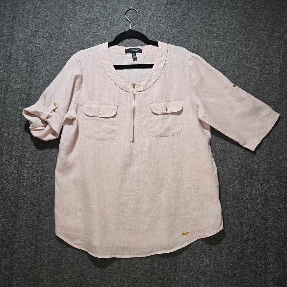Ellen Tracy Blouse Women's Size‎ Large Pink  3/4 Roll Tab Sleeve 100% Linen